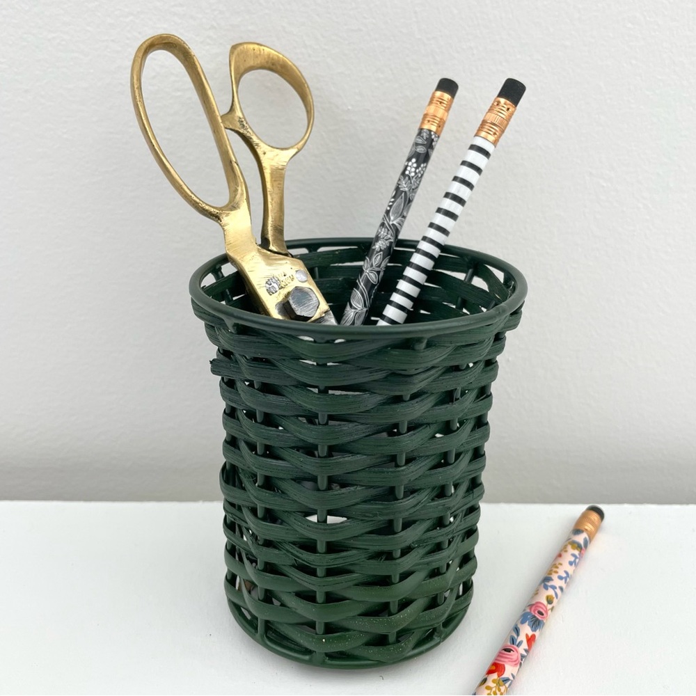 new hunter green cane and iron woven pencils holder